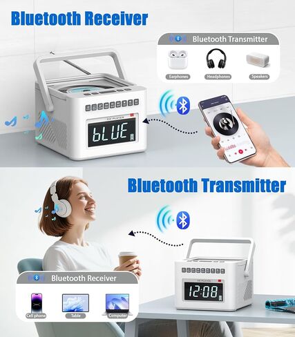 Greadio مشغل أقراص مضغوطة منبه Boombox مع بلوتوث، 5000 مللي أمبير Boombox Clock Radio مع مشغل أقراص مضغوطة، ضوضاء بيضاء، FM/AUX/USB/TF/Dimmer/جهاز تحكم عن بعد، شاشة LCD كبيرة، مشغل راديو CD محمول للمنزل (أبيض) in Kuwait