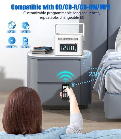 Greadio مشغل أقراص مضغوطة منبه Boombox مع بلوتوث، 5000 مللي أمبير Boombox Clock Radio مع مشغل أقراص مضغوطة، ضوضاء بيضاء، FM/AUX/USB/TF/Dimmer/جهاز تحكم عن بعد، شاشة LCD كبيرة، مشغل راديو CD محمول للمنزل (أبيض) in Kuwait