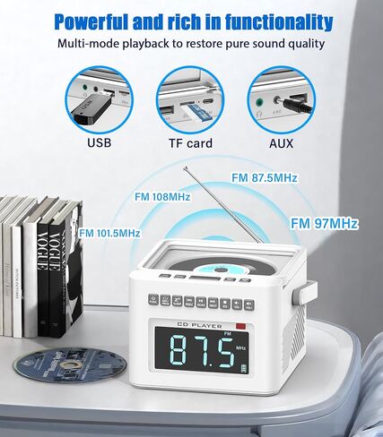 Greadio مشغل أقراص مضغوطة منبه Boombox مع بلوتوث، 5000 مللي أمبير Boombox Clock Radio مع مشغل أقراص مضغوطة، ضوضاء بيضاء، FM/AUX/USB/TF/Dimmer/جهاز تحكم عن بعد، شاشة LCD كبيرة، مشغل راديو CD محمول للمنزل (أبيض) in Kuwait