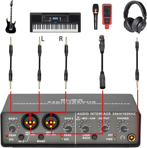واجهة صوت USB، 2 قناة 192 كيلو هرتز 24 بت مع مدخل طاقة فانتوم XLR TRS، بطاقة صوت لتسجيل الكمبيوتر وميكروفون الجيتار وموسيقيي الاستوديو المنزلي in Saudi Arabia