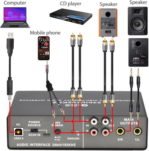 واجهة صوت USB، 2 قناة 192 كيلو هرتز 24 بت مع مدخل طاقة فانتوم XLR TRS، بطاقة صوت لتسجيل الكمبيوتر وميكروفون الجيتار وموسيقيي الاستوديو المنزلي in Saudi Arabia