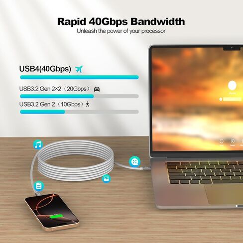 كابل Thunderbolt 4 لـ USB4 بطول 6.6 قدم، كابل USB C إلى C مجدول يدعم شاشة 8K/Dual 4K، شحن سريع 240 وات، مزامنة بيانات 40 جيجابت في الثانية، كابلات USB4 عالية السرعة لأجهزة Macbook Pro/Air، iPhone، PSSD، الإرساء، الشاشة in Kuwait