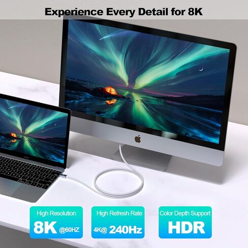 كابل Thunderbolt 4 لـ USB4 بطول 6.6 قدم، كابل USB C إلى C مجدول يدعم شاشة 8K/Dual 4K، شحن سريع 240 وات، مزامنة بيانات 40 جيجابت في الثانية، كابلات USB4 عالية السرعة لأجهزة Macbook Pro/Air، iPhone، PSSD، الإرساء، الشاشة in Kuwait