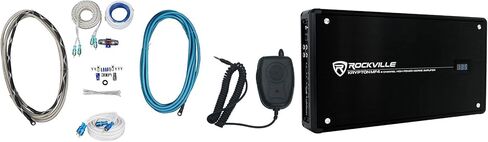 حزمة Rockville Krypton MF4: مضخم صوت بحري بقوة 2400 وات / 600 وات RMS ذو 4 قنوات، طقم أسلاك تثبيت أمبير مقاوم للماء RMWK4 V2 4 AWG، MRCA25، كابل RCA زوج ملتوي بطول 25 قدمًا، 3 عناصر in Saudi Arabia