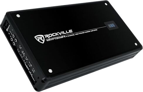 حزمة Rockville Krypton MF4: مضخم صوت بحري بقوة 2400 وات / 600 وات RMS ذو 4 قنوات، طقم أسلاك تثبيت أمبير مقاوم للماء RMWK4 V2 4 AWG، MRCA25، كابل RCA زوج ملتوي بطول 25 قدمًا، 3 عناصر in Saudi Arabia