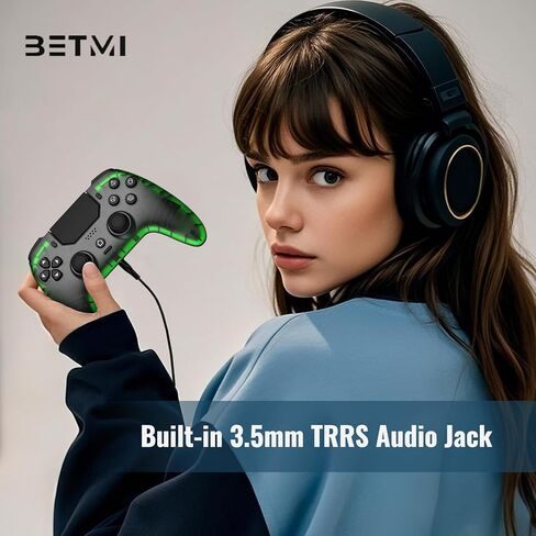 وحدة تحكم BETMI اللاسلكية لجهاز PS-5، Pro/Slim/PC، مع عصا التحكم بتأثير Hall & Trigger/Macro/Turbo/RGB Light/مقبس صوت TRRS مقاس 3.5 مم/مكبر صوت/زر كتم الصوت/دوران ذو 6 محاور/اهتزاز مزدوج/لوحة اللمس (أسود/شفاف) in Kuwait
