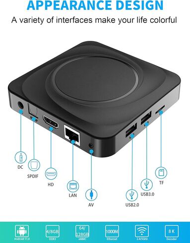 8K TV Box Android 11.0 RK3566 شرائح، 2026 Android Box 8GB RAM 64GB ROM يدعم Ethernet 1000M LAN Dual-WiFi 2.4G/5.8G WIFI6 3D 6K 4K 2K HDR10+ BT5.0 مشغل صندوق التلفزيون الذكي مع جهاز تحكم عن بعد بالأشعة تحت الحمراء in Kuwait