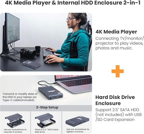 مشغل وسائط رقمي بدقة 4K وحاوية محرك أقراص ثابتة 2 في 1، مشغل فيديو MP4 فائق الدقة بدقة 4K@60 هرتز لمحرك أقراص USB من النوع C/بطاقة SD، ولافتات رقمية، H.265/HEVC، تشغيل تلقائي متكرر، مخرج HDMI/AV in Saudi Arabia