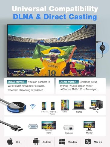 محول عرض لاسلكي AIMIBO 4K 5G - قم بتوصيل وتشغيل دونجل HDMI اللاسلكي، وإرسال الفيديو من Android iOS Windows MacOS Tablet كمبيوتر محمول إلى جهاز عرض شاشة التلفزيون، يدعم Airplay DLNA Miracast Blue in Kuwait