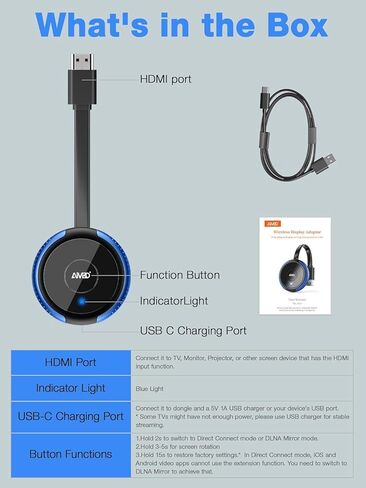 محول عرض لاسلكي AIMIBO 4K 5G - قم بتوصيل وتشغيل دونجل HDMI اللاسلكي، وإرسال الفيديو من Android iOS Windows MacOS Tablet كمبيوتر محمول إلى جهاز عرض شاشة التلفزيون، يدعم Airplay DLNA Miracast Blue in Kuwait