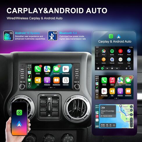 راديو السيارة لـ Wrangler JK 2007-2018 Dodge Ram 1500 2500 3500 2009-2012،7 بوصة 2+64G Android 13 وحدة رأس شاشة تعمل باللمس مع CarPlay اللاسلكي وAndroid Auto، ملاحة GPS، كاميرا احتياطية عالية الدقة in Kuwait