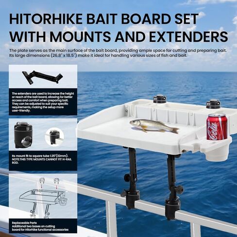 HITORHIKE Bait Board Set with Mounts & Extenders – White Cutting Board for Bass, Center Console, Pontoon Boats – Great for Fishing, Filleting, Outdoor Cooking (Round & Square Rail Mount Set) in Saudi Arabia