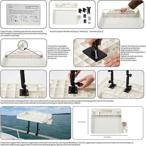 HITORHIKE Bait Board Set with Mounts & Extenders – White Cutting Board for Bass, Center Console, Pontoon Boats – Great for Fishing, Filleting, Outdoor Cooking (Round & Square Rail Mount Set) in Saudi Arabia