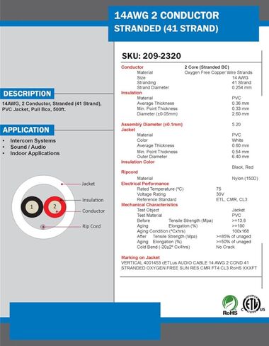 Audio Cable, 14AWG, 2 Conductor, 41 Strand, 500 ft, PVC Jacket, Pull Box, White in Saudi Arabia