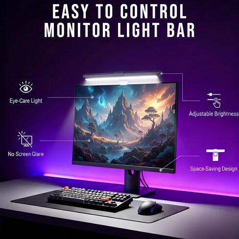 شريط ضوء الشاشة مع التحكم باللمس، مصباح مكتب RGB مصباح شاشة كامل الطيف، مصباح شاشة ضوء أزرق منخفض خالي من الوهج مع وضع الذاكرة، يعمل بمنفذ USB للألعاب والمكتب والعمل in Saudi Arabia