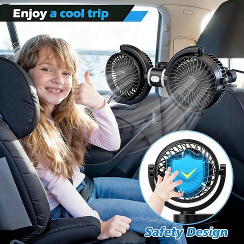 USB Car Fan for Back Seat for Kids, Quiet 3 Speed Independently Controlled, 360° Rotate Dual Head Car Seat Fan with Strong Wind to Promote Air Circulation, for SUV, Sedan & Truck in Saudi Arabia