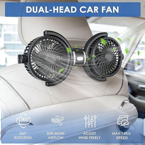 USB Car Fan for Back Seat for Kids, Quiet 3 Speed Independently Controlled, 360° Rotate Dual Head Car Seat Fan with Strong Wind to Promote Air Circulation, for SUV, Sedan & Truck in Saudi Arabia