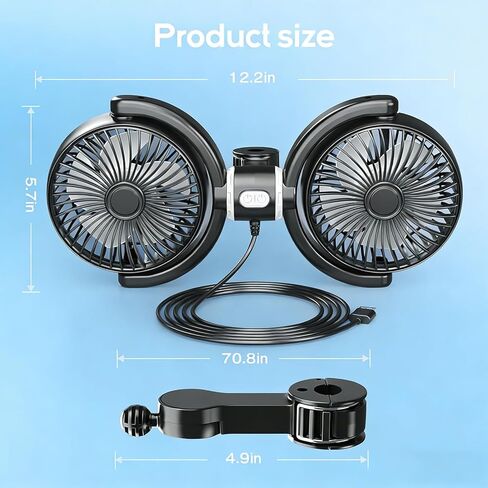 USB Car Fan for Back Seat for Kids, Quiet 3 Speed Independently Controlled, 360° Rotate Dual Head Car Seat Fan with Strong Wind to Promote Air Circulation, for SUV, Sedan & Truck in Saudi Arabia