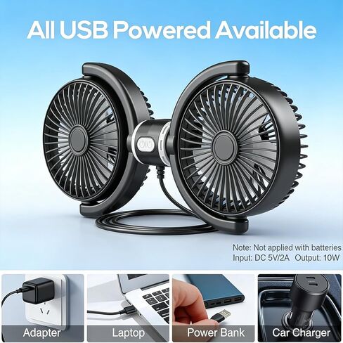 USB Car Fan for Back Seat for Kids, Quiet 3 Speed Independently Controlled, 360° Rotate Dual Head Car Seat Fan with Strong Wind to Promote Air Circulation, for SUV, Sedan & Truck in Saudi Arabia