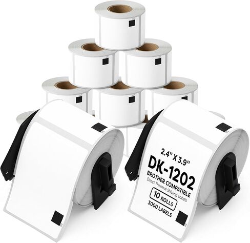مواد لاصقة إيجيس - بديلة لـ Brother DK-1202 (10 بكرات، إجمالي 3000) 2.4 بوصة × 3.9 بوصة ملصقات شحن حرارية مباشرة مع 10 إطارات قابلة لإعادة الاستخدام - متوافقة مع طابعات QL، QL-800، QL-810W، QL-820NWB in Kuwait