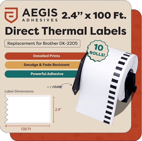 مواد لاصقة Aegis - بديلة لـ Brother DK-2205 (10 بكرات، إجمالي 1000 قدم، 10 إطارات قابلة لإعادة الاستخدام) ملصقات حرارية مباشرة لفة مستمرة مقاس 2.4 بوصة - متوافقة مع طابعات QL، QL-800، QL-810W، QL-820NWB in Kuwait