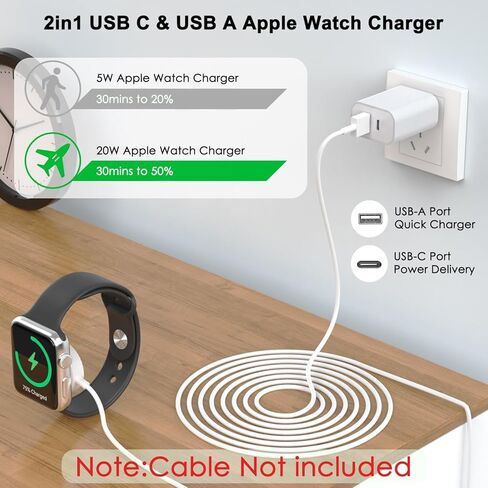 كتلة شاحن USB C سريع لساعة Apple، شاحن حائط مزدوج المنفذ 20 وات من النوع C، محول طاقة لساعة Apple/iWatch Series Ultra/11/10/9/8/7/6/5/4/3، iPhone 17/16/15، AirPods 4/3/2/1 in Kuwait