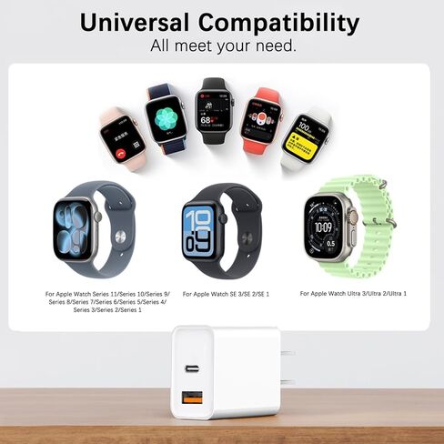 كتلة شاحن USB C سريع لساعة Apple، شاحن حائط مزدوج المنفذ 20 وات من النوع C، محول طاقة لساعة Apple/iWatch Series Ultra/11/10/9/8/7/6/5/4/3، iPhone 17/16/15، AirPods 4/3/2/1 in Kuwait