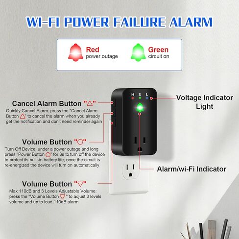 إنذار انقطاع الطاقة مع إخطارات تطبيق WiFi، مؤشر LED لانقطاع الطاقة الذكي بصوت عالٍ 110 ديسيبل، كشف الجهد الكهربي، كاشف فشل للفريزر، رحلات GFCI، مضخة مستنقع، دفيئة in Kuwait