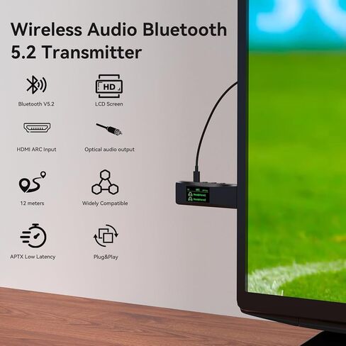 Bluetooth 5.2 Transmitter for 2 AirPods or BT Receiver Devices, Wireless Audio Adapter with HDMI ARC Input, Optical Audio Output & Bluetooth Output, LCD Screen, Plug and Play in Saudi Arabia