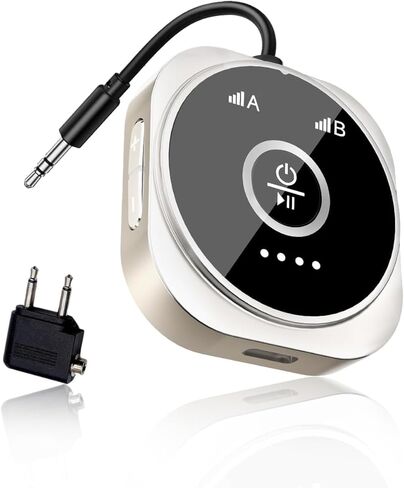 جهاز إرسال بلوتوث 5.4 للطائرة مع زمن استجابة منخفض aptX، يدعم 2 AirPods أو سماعات رأس، وقت تشغيل 24 ساعة، محول صوت لاسلكي AUX 3.5 ملم للستيريو المنزلي، رحلة السفر (فضي) in Saudi Arabia