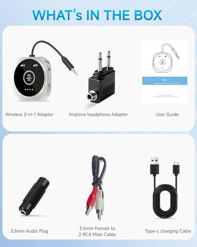 جهاز إرسال بلوتوث 5.4 للطائرة مع زمن استجابة منخفض aptX، يدعم 2 AirPods أو سماعات رأس، وقت تشغيل 24 ساعة، محول صوت لاسلكي AUX 3.5 ملم للستيريو المنزلي، رحلة السفر (فضي) in Saudi Arabia