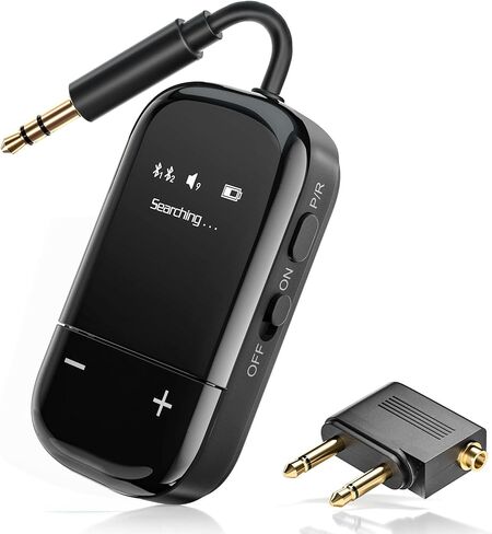 Airplane Bluetooth 5.3 Audio Transmitter with Qualcomm aptX Adaptive, LCD Display, Dual Device Support, 30Hr Battery, 3.5mm AUX for Travel, Flight, Gym in Saudi Arabia