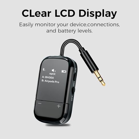 Airplane Bluetooth 5.3 Audio Transmitter with Qualcomm aptX Adaptive, LCD Display, Dual Device Support, 30Hr Battery, 3.5mm AUX for Travel, Flight, Gym in Saudi Arabia