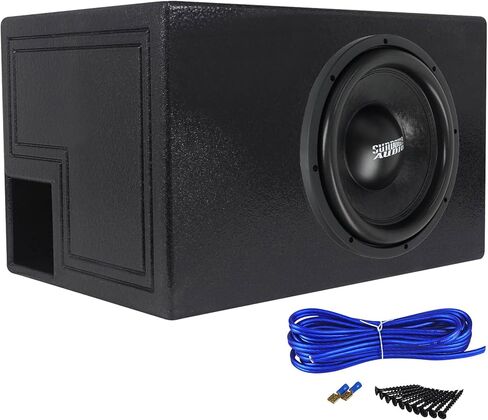 حزمة Sundown Audio E-12 V.4 D4: مضخم صوت للسيارة بقدرة 12 بوصة 1500 واط / 750 واط RMS، حاوية فرعية ذات فتحات تهوية RQB12، مجموعة تثبيت كاملة لصندوق فرعي واحد، 3 عناصر in Saudi Arabia