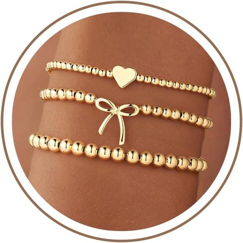 Turandoss Gold Beaded Bracelets for Women - Dainty 14K Gold Plated Beaded Stretch Bracelets Charm Bracelet Stackable Bow Cross Heart Wave CZ Bracelet Jewelry Gifts Trendy Stuff in Saudi Arabia