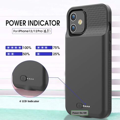 حافظة بطارية GIN FOXI لهاتف iPhone 12/12Pro، حافظة شحن بطارية نحيفة للغاية بقدرة 7000 مللي أمبير في الساعة قابلة لإعادة الشحن ومضادة للسقوط، غطاء شاحن ممتد لهاتف iPhone 12Pro Max/12/12 Pro، أسود in Kuwait