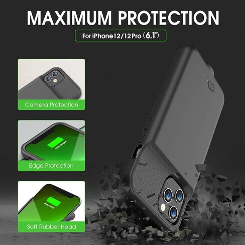 حافظة بطارية GIN FOXI لهاتف iPhone 12/12Pro، حافظة شحن بطارية نحيفة للغاية بقدرة 7000 مللي أمبير في الساعة قابلة لإعادة الشحن ومضادة للسقوط، غطاء شاحن ممتد لهاتف iPhone 12Pro Max/12/12 Pro، أسود in Kuwait