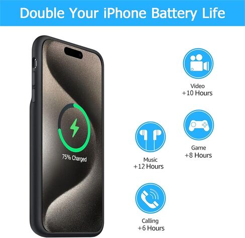 Battery Case for iPhone 15 Pro Max, [12000mAh] Enhanced Portable Protective Qi Wireless Charger Case Battery Pack with CarPlay Wireless Charging Case Compatible for iPhone 15 Pro Max (6.7 inch)-Black in Saudi Arabia