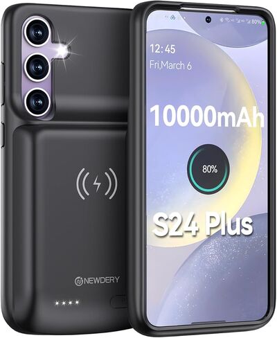 حافظة بطارية NEWDERY بقدرة 10000 مللي أمبير في الساعة لهاتف Samsung Galaxy S24 Plus، حافظة شحن لاسلكية واقية محمولة Qi، حافظة شاحن محمولة واقية مع حزمة بطارية ممتدة قابلة لإعادة الشحن لهاتف S24+ 6.7 بوصة باللون الأسود in Kuwait