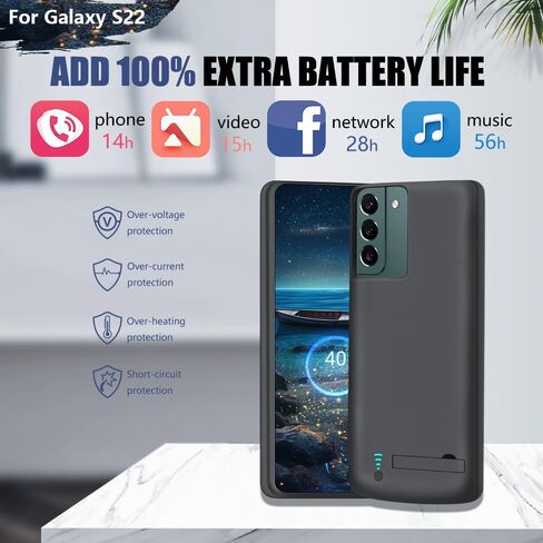 [حافظة بطارية إصدار جديد لهاتف Samsung Galaxy S22، حافظة شاحن بطارية ممتدة قابلة لإعادة الشحن بقدرة 4800 مللي أمبير في الساعة، أضف 100% عصير إضافي (6.1 بوصة) أسود in Kuwait