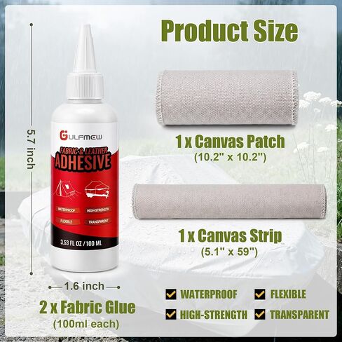 Canvas Patch Kit for Pop Up Camper, Boat Covers, Tarp, Tent Repair Kit with 2 Waterproof Fabric Glue (100ml Each) & 2 Greige Canvas Strips, Outdoor Flexible Repair for Boats, Camping Gear in Saudi Arabia