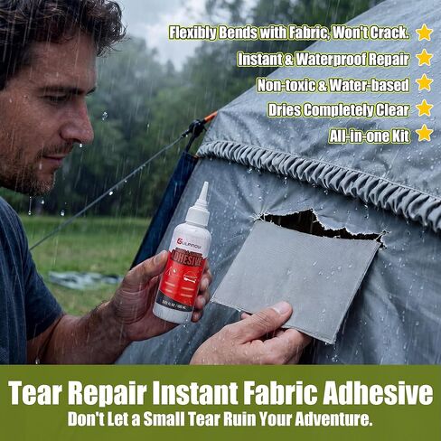 Canvas Patch Kit for Pop Up Camper, Boat Covers, Tarp, Tent Repair Kit with 2 Waterproof Fabric Glue (100ml Each) & 2 Greige Canvas Strips, Outdoor Flexible Repair for Boats, Camping Gear in Saudi Arabia