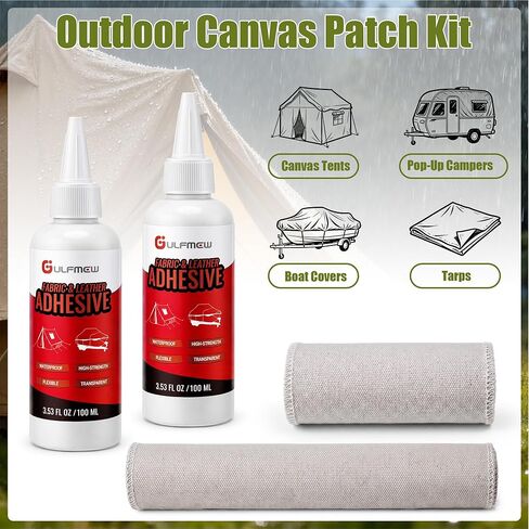 Canvas Patch Kit for Pop Up Camper, Boat Covers, Tarp, Tent Repair Kit with 2 Waterproof Fabric Glue (100ml Each) & 2 Greige Canvas Strips, Outdoor Flexible Repair for Boats, Camping Gear in Saudi Arabia