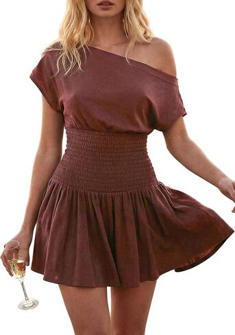 Women's One Shoulder Mini Dress Off Shoulder Boho Slouchy Smocked Waist Ruffle Hem with Pockets Summer Beach Sundress in Saudi Arabia