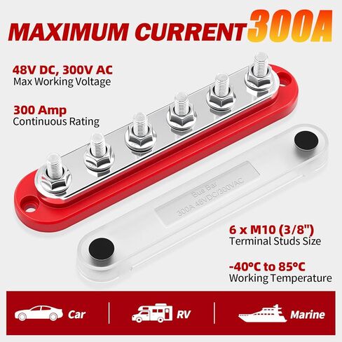 300A Bus Bar 12V Marine 3/8 "كتلة توزيع الطاقة مع غطاء، 12 فولت بطارية بسبار إيجابية وسالبة لأسلاك القوارب الشمسية للسيارات (حزمة من 2) in Kuwait