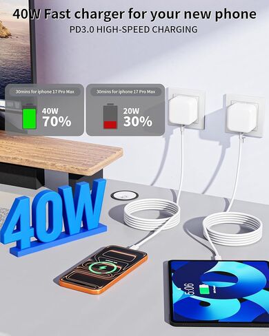 محول كتلة شاحن Apple 17e، 2 حزمة شاحن USB C بقدرة 40 وات، محول طاقة ديناميكي قابل للطي مع قابس iPhone بقدرة 60 وات كحد أقصى لشحن iPhone 17 Pro/17 Air/16 Pro Max/16 Pro/16e/16/15 Pro/15 Plus/15 in Kuwait