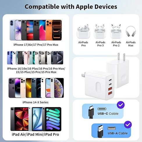 كتلة شاحن USB C لهاتف iPhone 17 شحن سريع، 2 حزمة شاحن Apple 40 وات USB C + USB A محول شحن متعدد المنافذ من النوع C لهاتف iPhone 17/17 Air/16/15 Pro/ProMax/14/13/12iPad Pro/Air/Mini in Kuwait