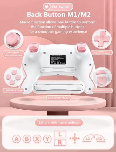 Matbip Wireless Pro Controller for Switch/Switch 2/Switch Lite/Switch OLED, wireless controller for switch with 2 back buttons, 3-level TURBO adjustable (Pink) in Saudi Arabia