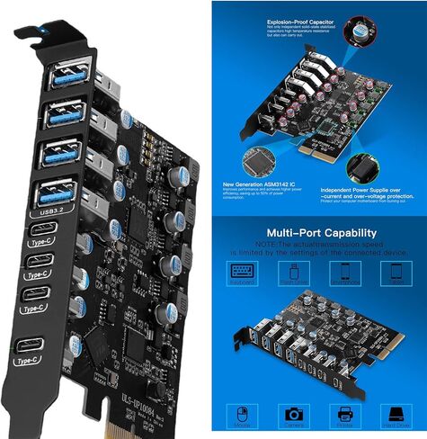 8-Port PCIe to USB3.2 Card Expansion 20Gbps 8 Ports 1 Type-C X 4 & 1 TypeA Splitter Adapter UsbC Controller Interface Ultra-Fast Expansion in Saudi Arabia
