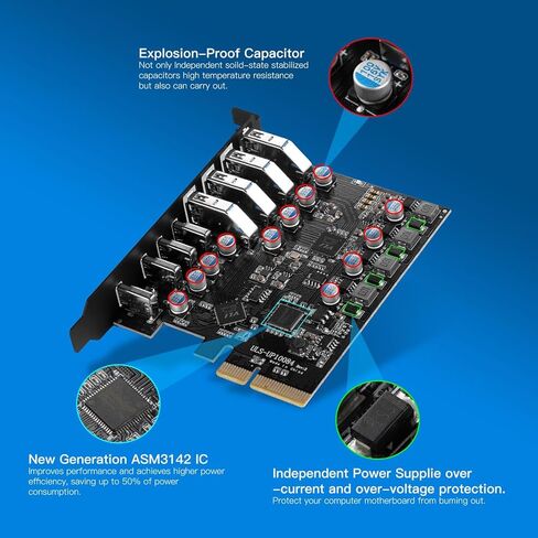 8-Port PCIe to USB3.2 Card Expansion 20Gbps 8 Ports 1 Type-C X 4 & 1 TypeA Splitter Adapter UsbC Controller Interface Ultra-Fast Expansion in Saudi Arabia